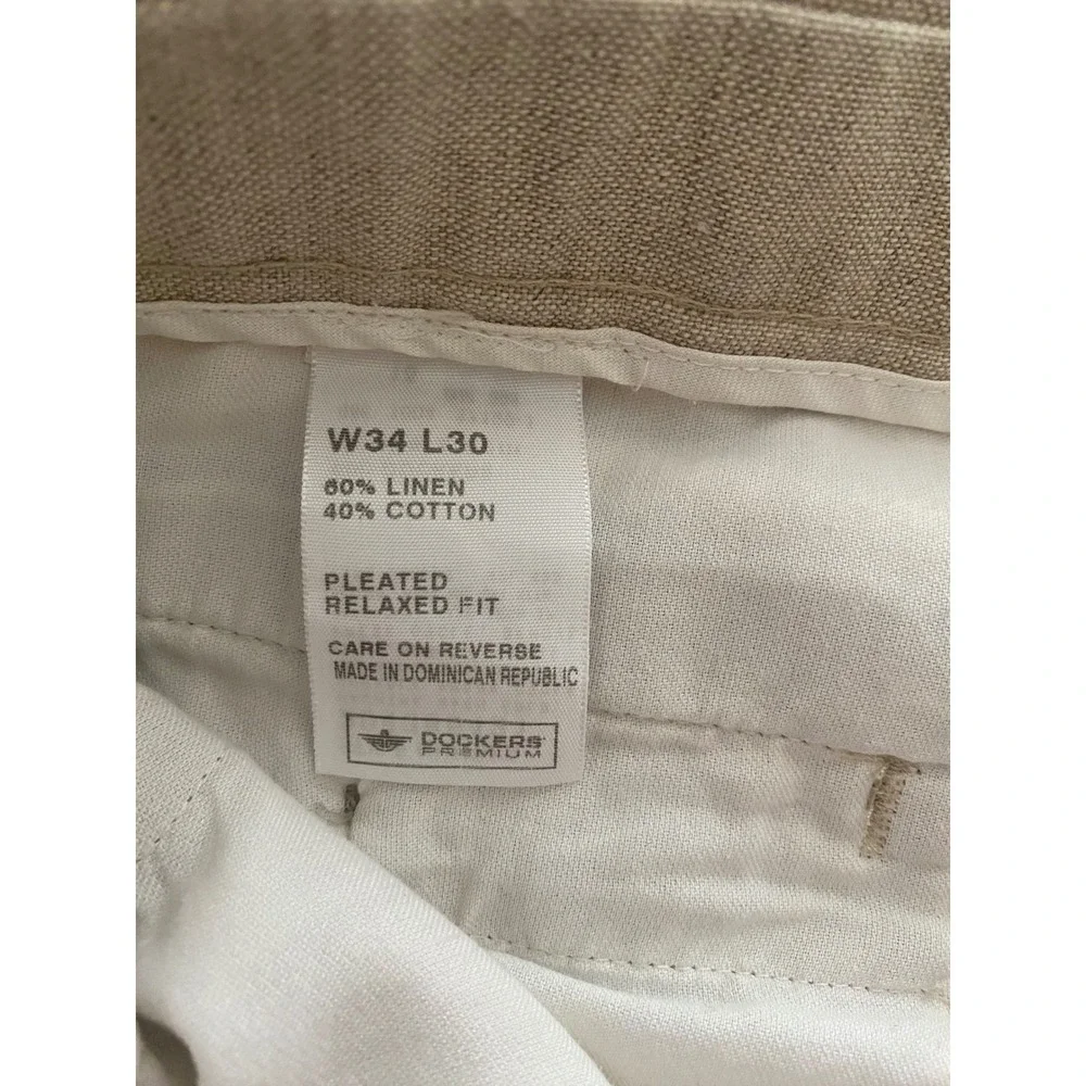 Dockers Premium Mens 34x30 Linen Cotton Blend Pleated Relaxed Fit Pants Khaki‎